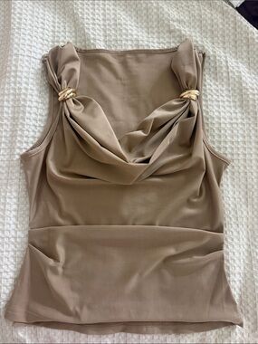 Taupe Cowl Neck Tank with Gold Ring Accents